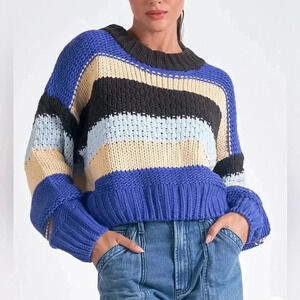 NWT Elan Cassidy Striped Sweater, Chunky, Relaxed, Black, Cream, Royal Blue, S